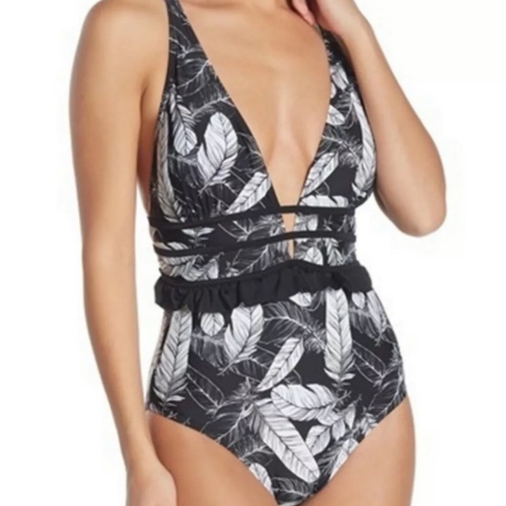 Nicole Miller swimsuit NEW plunge One Piece white Black feather print swimwear